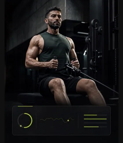 Athlete training on a cable machine with performance data overlays